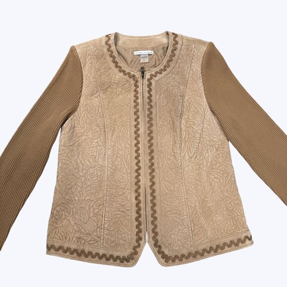 Peter Nygard Sz L Suede Leather Long Knit Sleeve Embroidered Women’s Jacket - Picture 6 of 7